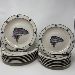 Folkcraft Stoneware Rainbow Trout Plates - 14 Total