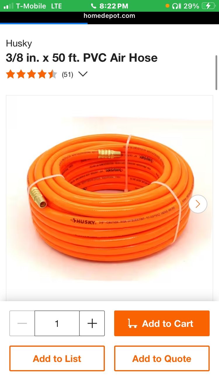 Husky 3/8 Air Hose 50 Ft
