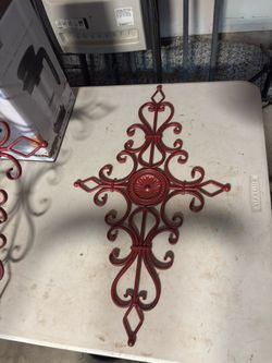 Red Metal Scrollwork Cross Wall Decor