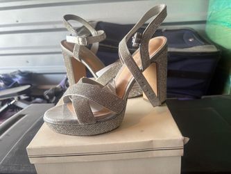 Silver Rhinestone Platform Block Heel Sandals