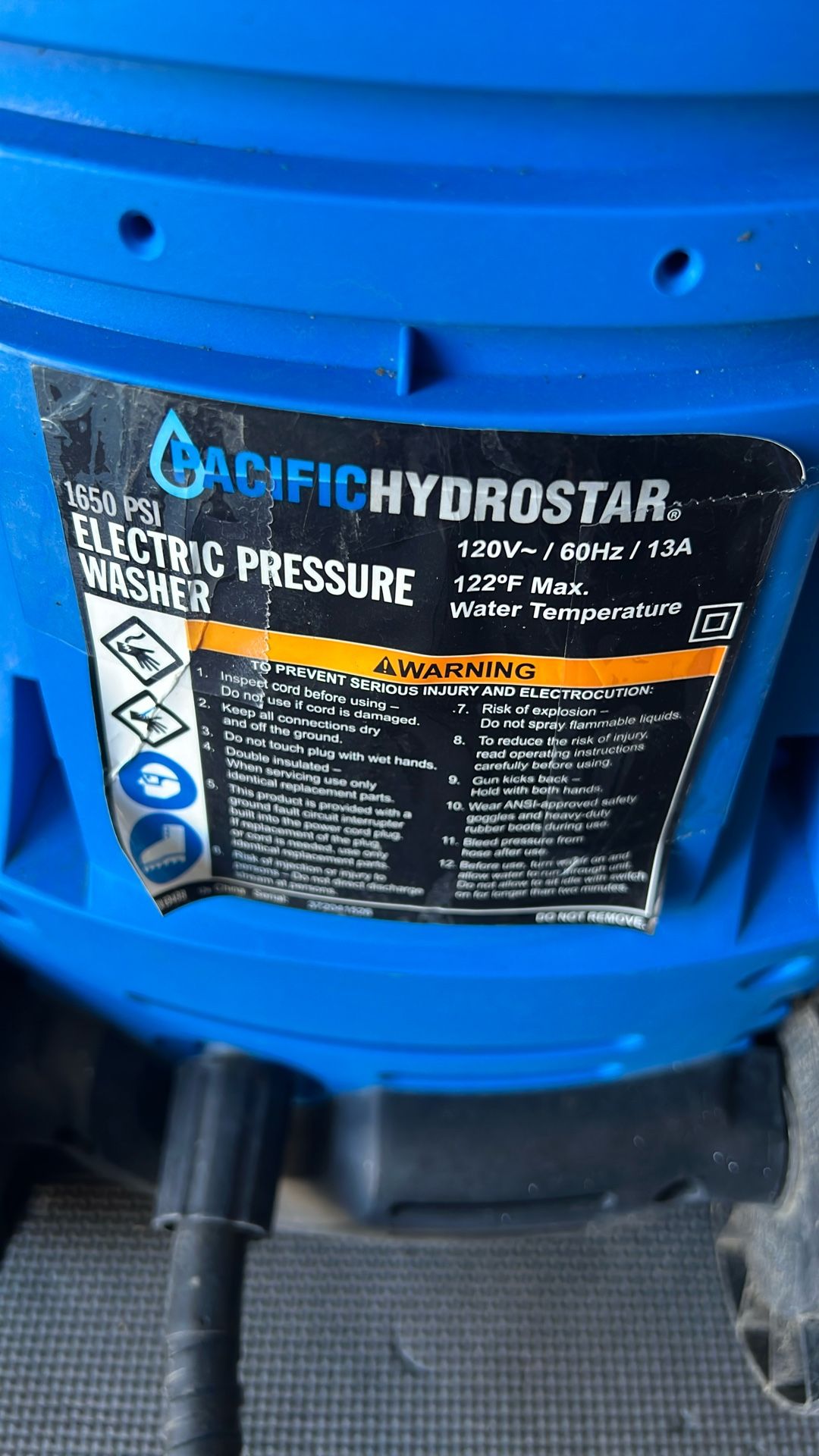 Pacific Hydrostar Pressure Washer 1650 Psi For Sale