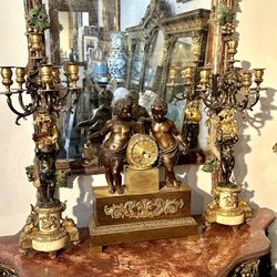18th Century Antique Clock Set With Candelabras 