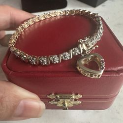 925 Gold Over Sterling Silver , Designer Ross Simon Tennis Bracelet W/ Heart ❤️ Charm .genuine Rubies And Diamond Spec , Side Says ‘I ❤️You’.  7.25 In