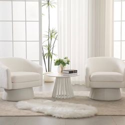  ROCITY Set of 2 Modern Swivel Accent Chair, White Sherpa Upholstered Barrel Chair With Round Base, Cozy Vanity Reading Chair & Single Sofa 