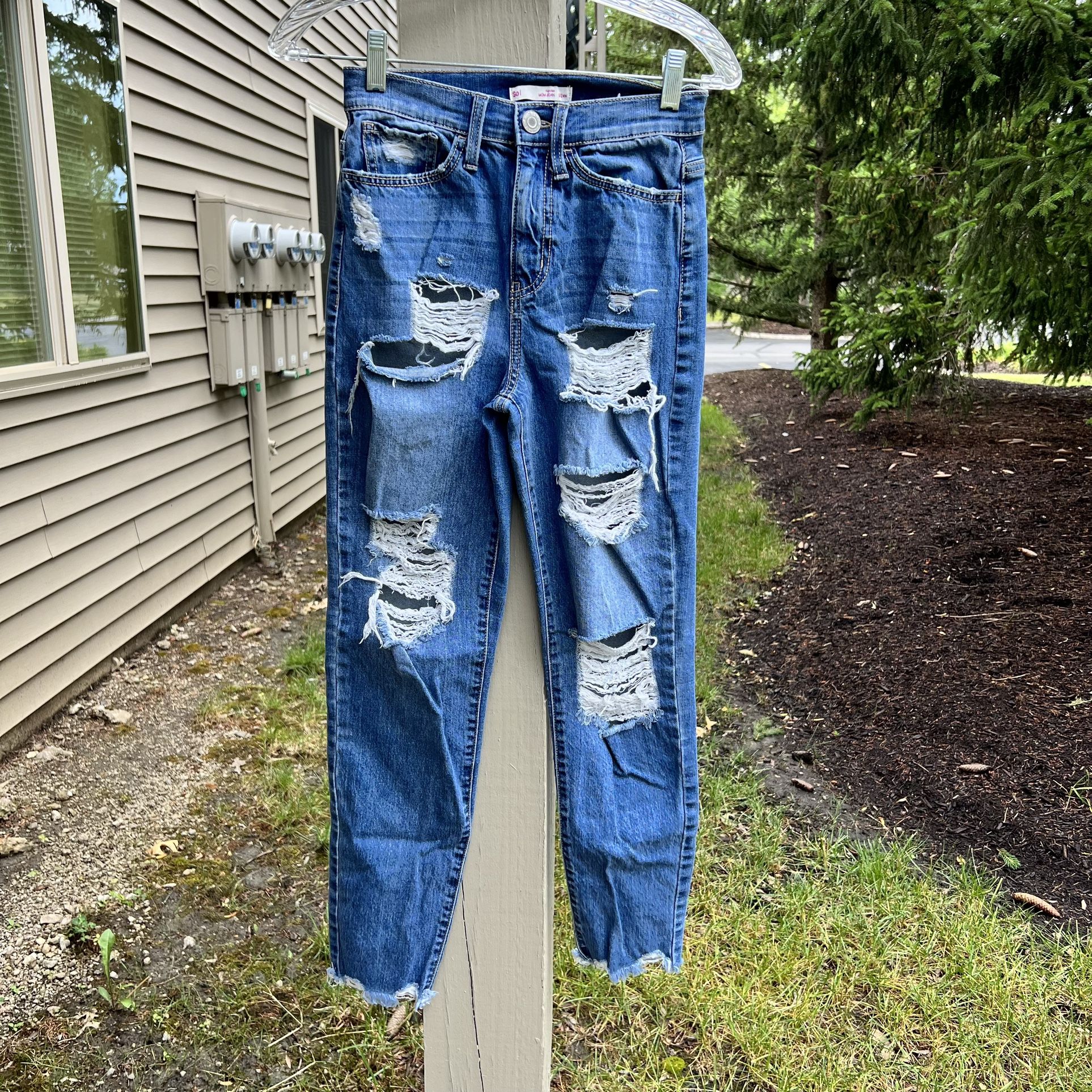 SO Women's High Rise Mom Blue Distressed Jeans