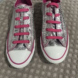 Sz4jr(fits Like 6.5w)-Converse Girls Pink And Silver Snake Skin Chuck Taylor Size 4 Junior 🌸💕🤍🌸