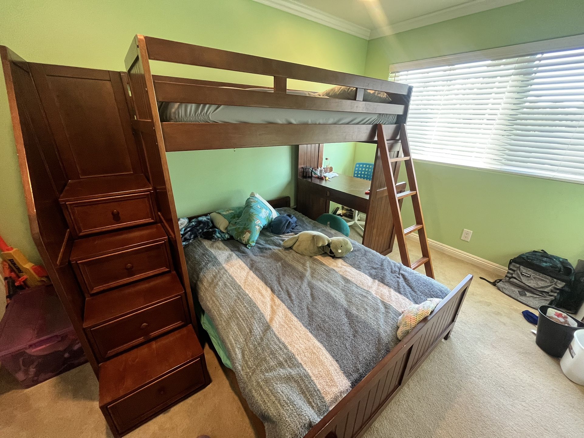 Solid Wood Bunk Bed with Desk and Drawers