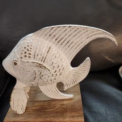 White Metal Fish On Wood Stand