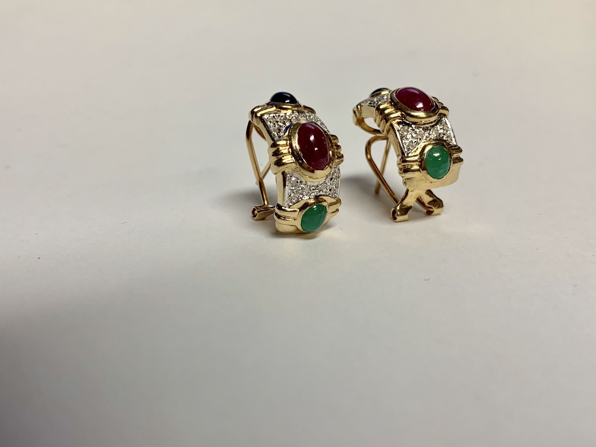 Ladies Cabochon Cut Colored Stone and Diamond Earrings 14k YG
