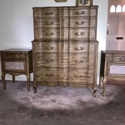 French Provincial Walnut Antique Wood Bedroom Set
