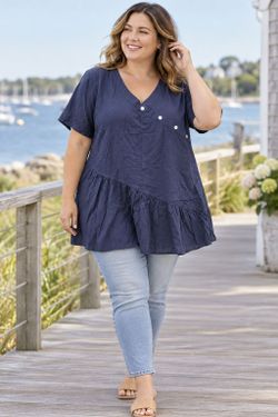 Women’s Navy Blue Wrap Style Button Ruffle Hem Tunic Top Size XL