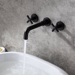 Melro Traditional Wall Mounted Cross Handles Brass Bathroom Sink Faucet In Matte Black