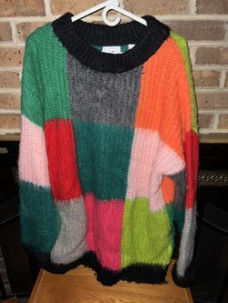 Ladies Large Collusion bright color block fun crewneck chunky knit sweater 