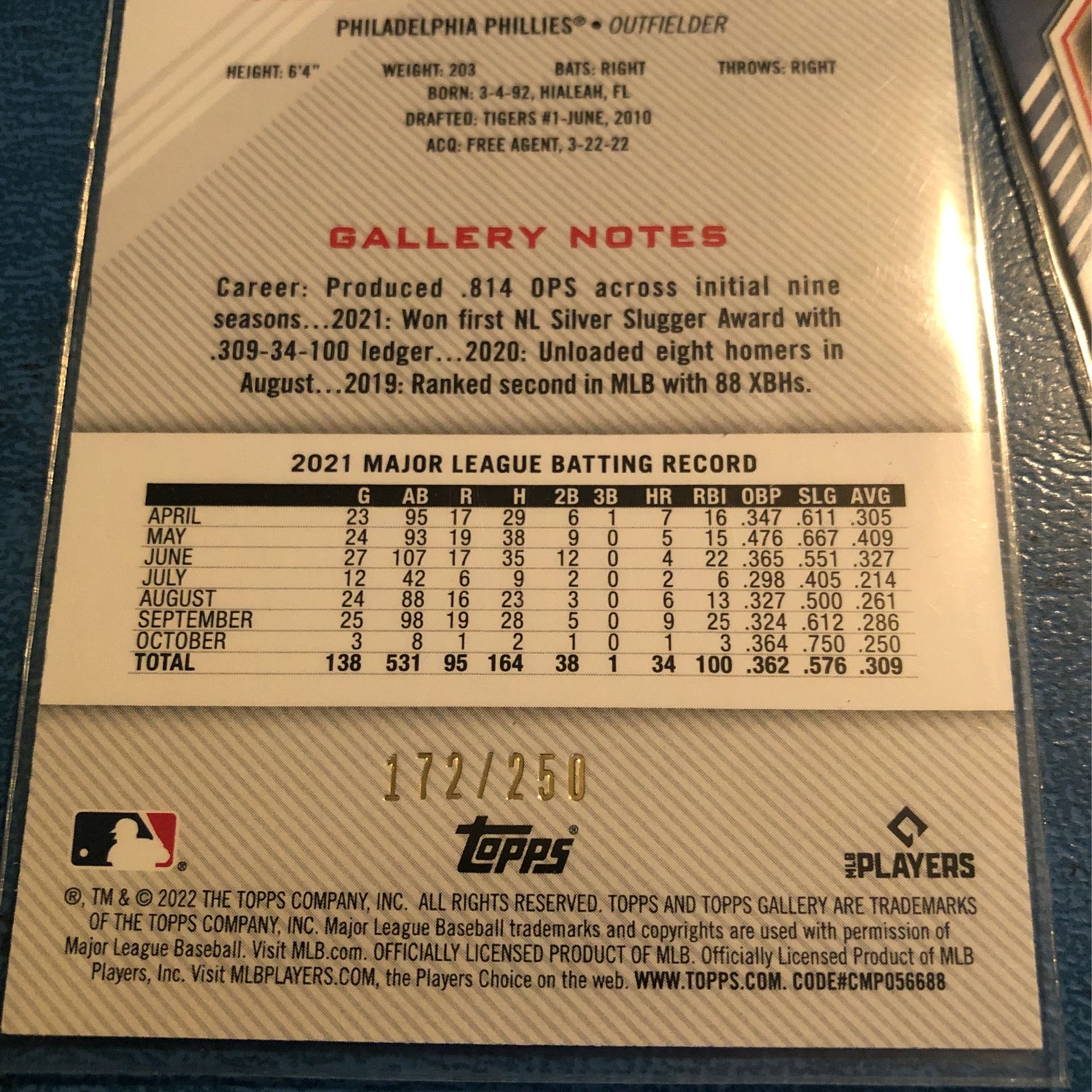 Four 2022 Topps Gallery Philadelphia Phillies Baseball Cards Including A Rookie Auto And A Private Issue Sn/250 All Mint Condition!