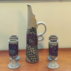 Vintage Jana Kozon Kausalik !985 Glazed Art Pottery Stoneware Wine Serving Set. 