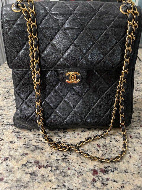 Authentic Chanel Double Flap Two Sides  Logo Quilted Lambskin Shoulder Bag - Black