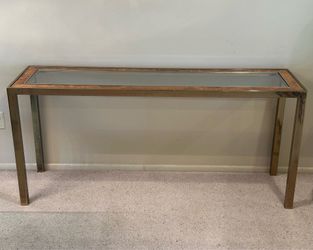 Vintage Glam Mid Century Modern MCM Parsons Pearson Metal Brass BurlWood Glass Sofa Console Hall Entry Table.