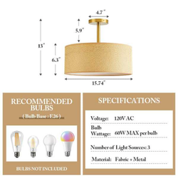 Rattan/Fabric Semi-Flush Mount Ceiling Light – Gold (2 Available)