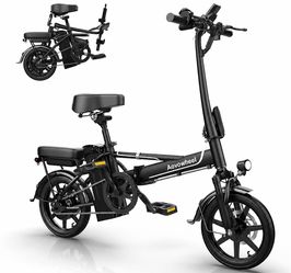 folding electric bike with dual seats. Powerful 500W brushless motor with up to 748W peak power and a removable 48V 15.6Ah lithium battery. Features: