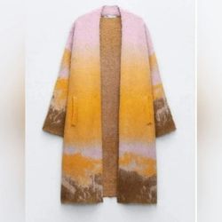Zara Designer Brown Yellow Sunset Wool Blend Knit Cardigan Womens Sweater S
