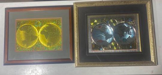 Pair of Vintage Framed Gold Foil World Maps - 17th Century Cartography Reproductions