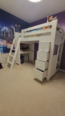 White Loft Bed with Desk and Storage