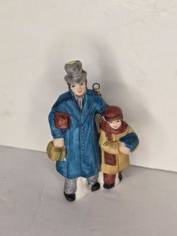 Vintage Dickens Family  Father and Child Porcelain Christmas Ornament Taiwan