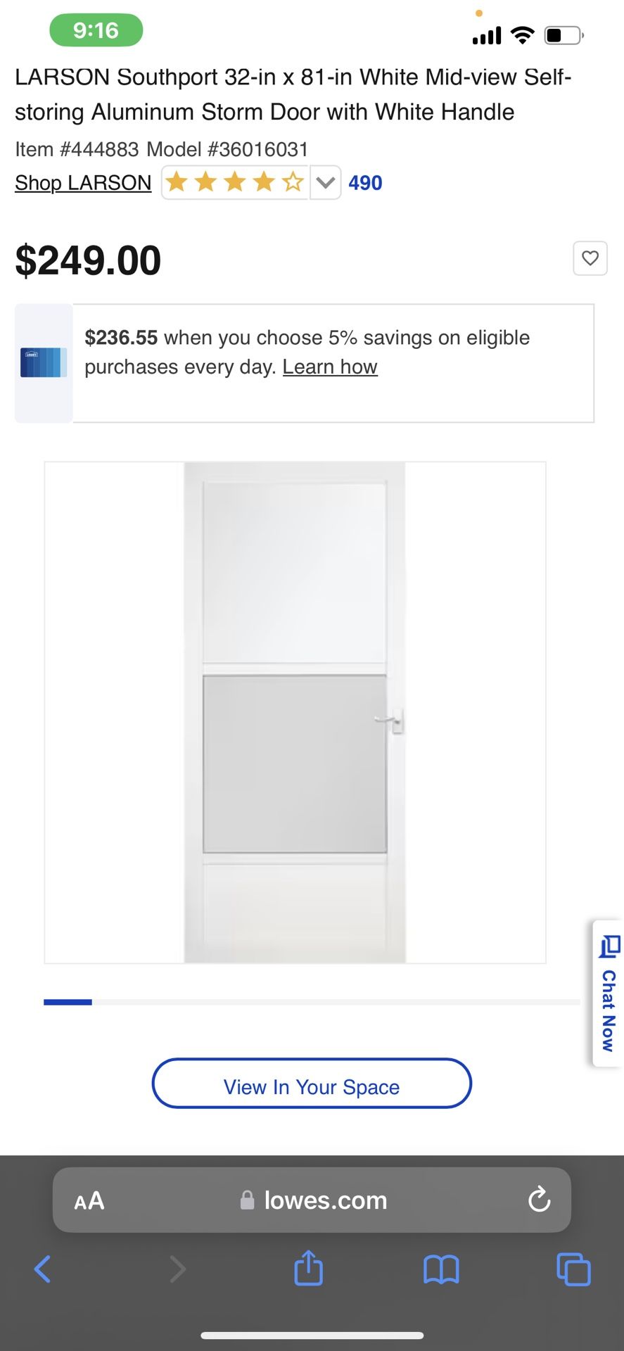 LARSON Southport 32-in x 81-in White Mid-view Self-storing Aluminum Storm Door with White Handle Item #444883 Model #(contact info removed)1