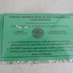 Federal Reserve Bank of NY Shredded US Currency Briquette 1,000 Notes


