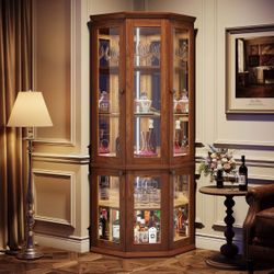 71" Corner Cabinet, Tall 5-tier Storage Cabinet Display Cabinet With LED Lights