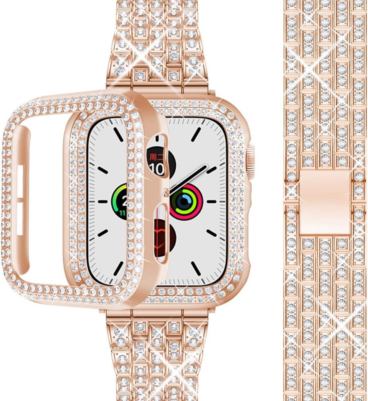 beuxece Bling Band Compatible Apple Watch with Case 38 40 42 41 45mm iWatch Series 3 4 5 6 7 8 9 SE, Metal Jewelry