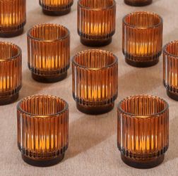 Vintage Ribbed Amber Glass Tealight & Votive Candle Holders (Set of 12)