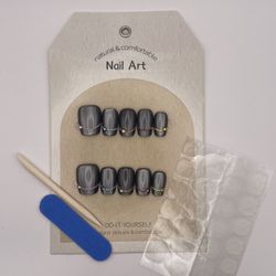 Reusable Press On Nails - Handmade Charcoal Gray with Gemstones - LARGE