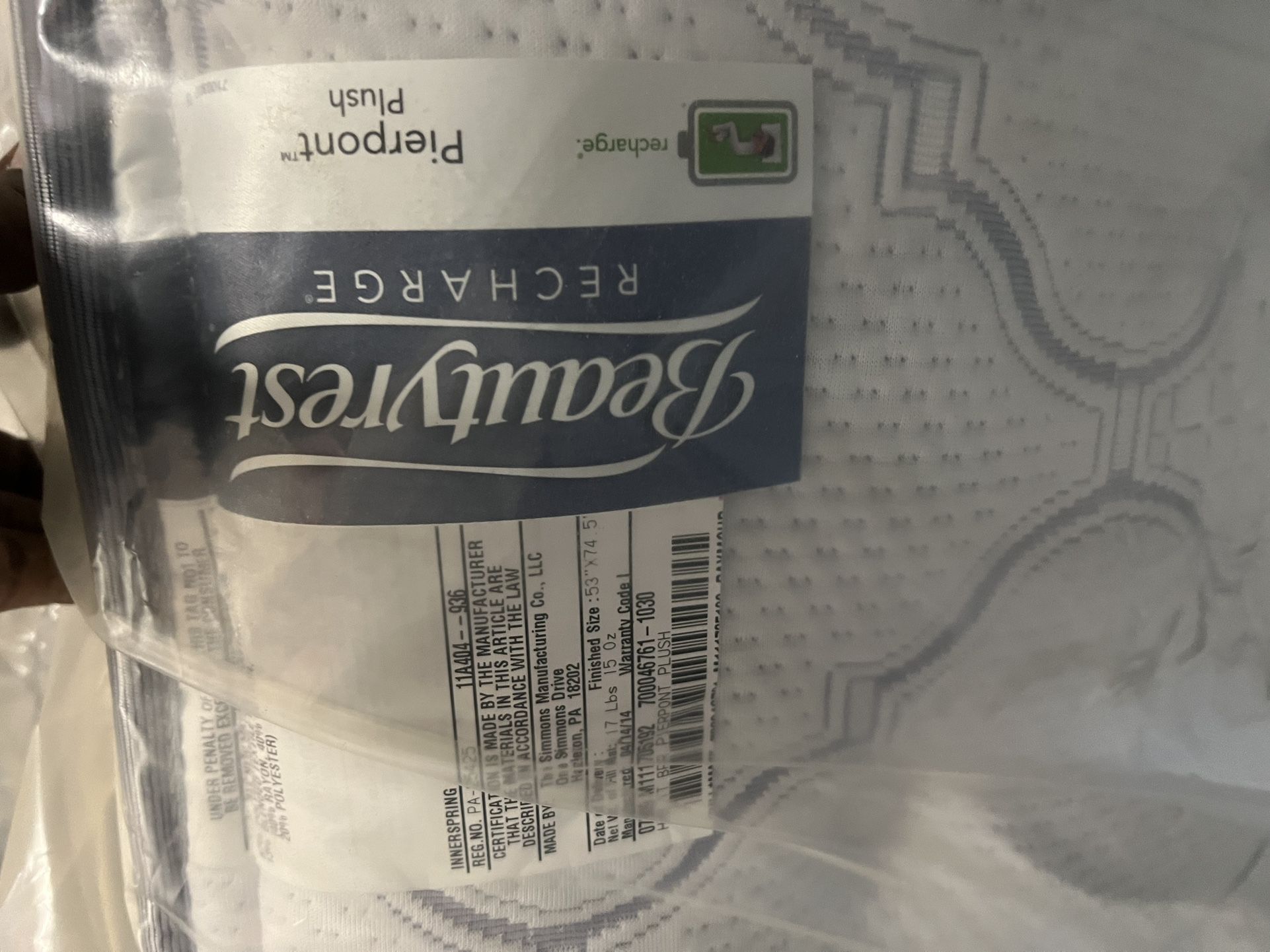 beautyrest Mattress recharge pierpont plush full NEW