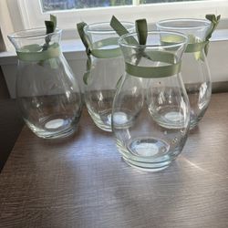 4 Flower Vases With Green Ribbon