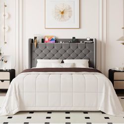 Gray Queen Size Bed Frame With Charging Station