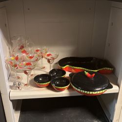 Margurita Glass/pitcher Set And Matching Ceramic Ware