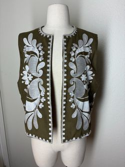 Olive Green Floral Embroidered Open Front Vest