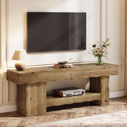 LD0199 Solid Wood TV Stand for up to 75" TVs, 63" Media Console Entertainment with Shelves