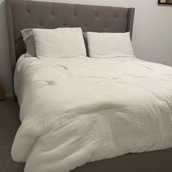 QUEEN BED FRAME (Gray Pleated) Silver With Or Without Mattress 