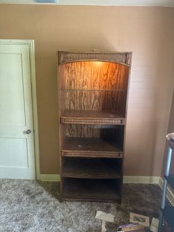 Vintage Wood and Wicker Lighted Bookcase IT MUST GO/MAKE AN OFFER