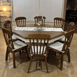 German Octagonal Oak Dining Room Table - Seats 8-10 - 5 Of 5 Set