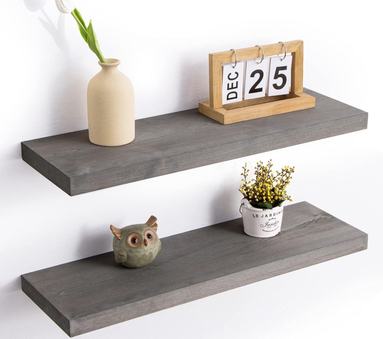 Rustic Floating Shelves, 24 Inch Gray Wood Floating Shelves for Wall Set of 2, 24W x 8D Distressed Farmhouse Shelves for Living Room Bedroom Laundry