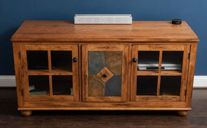 FREE - Solid Oak TV Stand/Media Console - Glass Doors + Unique Slate Inlay