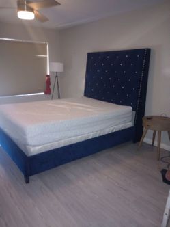 Queen bed frame royal blue.