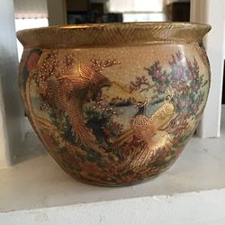 Handpainted Vintage Asian Peacock Floral Planter