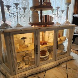 Solid wood shabby chic glass curio cabinet