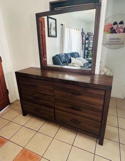 Dark Wood 6-Drawer Dresser with Mirror