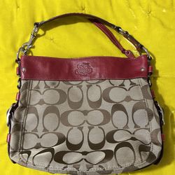 COACH Zoe Large Monogram Tan & Red Shoulder Bag