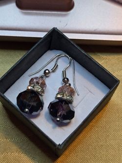 Purple and Pink Glass and White Crystal Bead Dangle Earrings. Drop- 1.25".